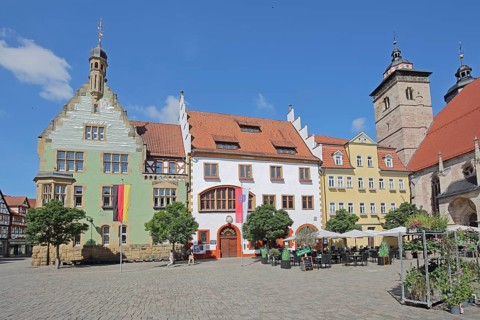 Town Hall and St George's Church, German national flag with Thuringian state flag, Altmarkt,