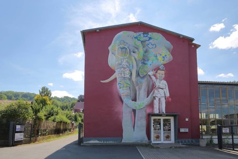 Mural The Elephant by CASE 2013, street art, graffiti, mural, elephant figure, child, boy, front