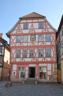 Red half-timbered house, Lutherhaus, Lutherplatz, Schmalkalden, Franconia, Thuringia, Germany