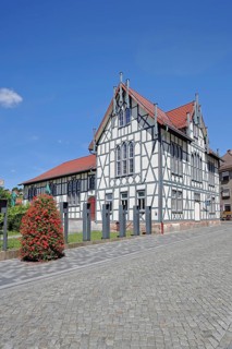 Old school, white half-timbered house, villa, Schmalkalden, Franconia, Thuringia, Germany