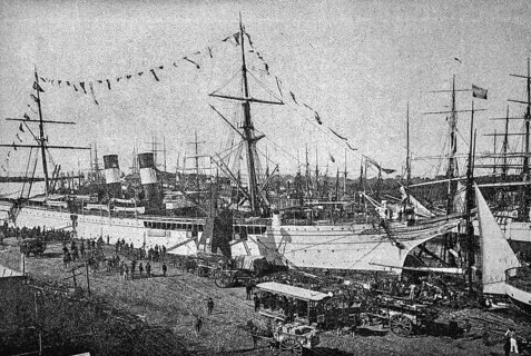 Sailing and steam ship in Buenos Aires harbour, quay facilities, crowd, tram, horse-drawn carts,