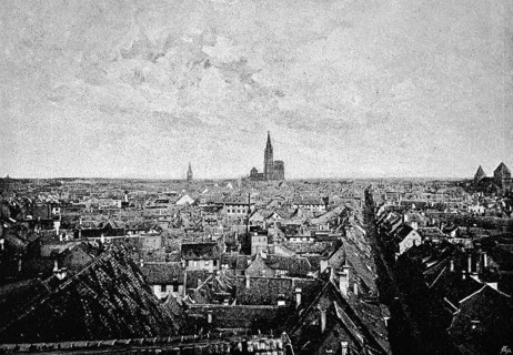 Cityscape of Strasbourg with Strasbourg Cathedral, sea of houses, streets, Alsace, France,
