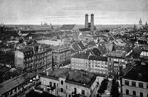 Cityscape of Munich with Roman Catholic Church of Our Lady, Cathedral of Our Lady, twin-towered