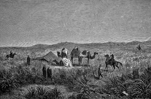 Tent camp south of the Algerian Atlas Mountains, camels, men, woman, bush vegetation, horses,