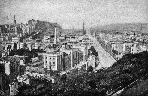 Edinburgh with Edinburgh Castle and Princess Street, cityscape seen from Calton Hill, Obelisk,