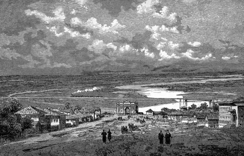 Steppe landscape in the south of Russia, village, city gate, road, water, railway, wide plain,