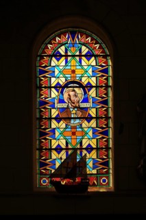 Interior view, church window with sailing ship, Église Saint Martin church, Yport, Normandy,