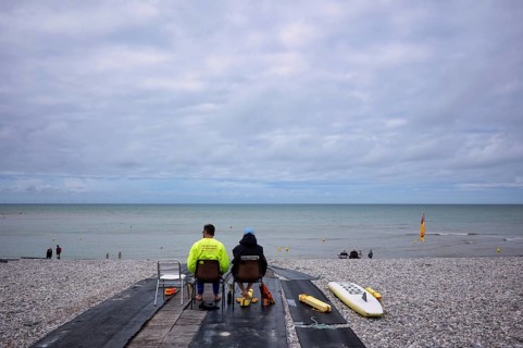 Lifeguard, lifeguard, pebble beach, beach, sea, Yport, Normandy, Seine-Maritime, France