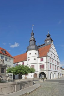 Renaissance Town Hall with Duke George Fountain, Market Square, Hildburghausen, Franconia,