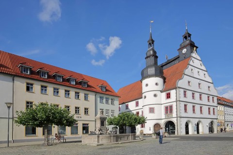 Renaissance town hall and Duke Georg fountain, turret, market square, Hildburghausen, Franconia,