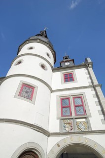Renaissance town hall with turret and town coat of arms, view upwards, perspective, market square,