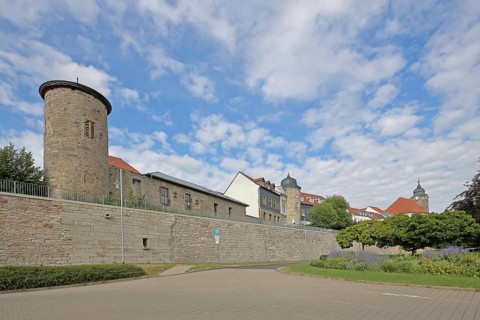 Towers with historic town wall and Christuskirche, town fortification, building, Luisenblick,