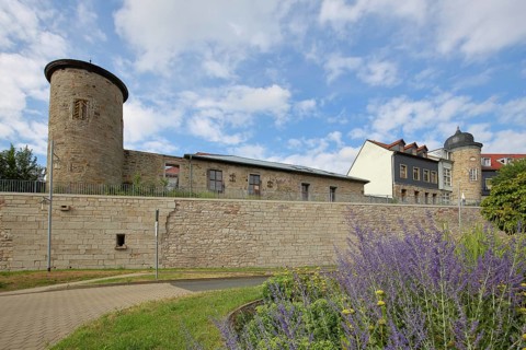 Towers with historical town wall, town fortification, flower bed, building, Luisenblick,