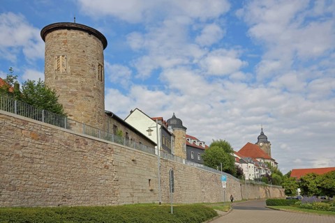 Towers with historic town wall, town fortifications, Christuskirche, Luisenblick, Hildburghausen,