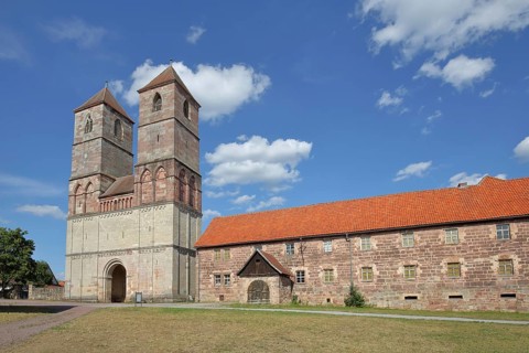 Romanesque St Mary's Collegiate Church with twin towers, church ruins, museum, Veßra Monastery,