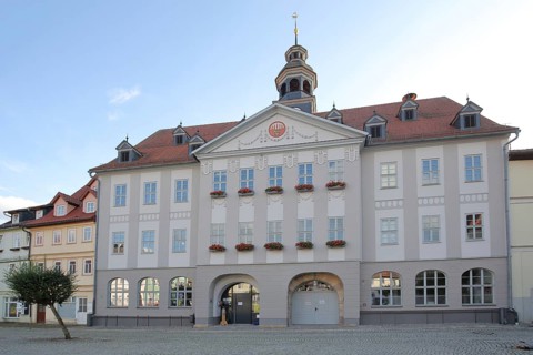 Baroque town hall built in 1711, market square, Themar, cobblestone, Thuringia, Germany