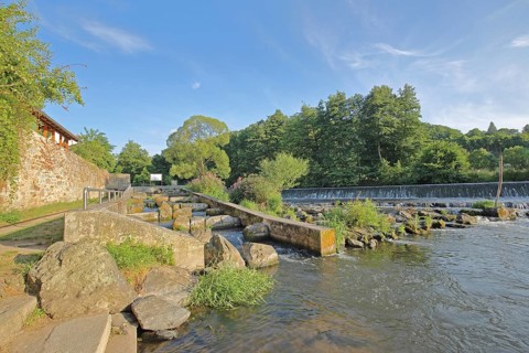 Werra with barrage and fish ladder, bank with stones, rocks, river landscape, Werra valley, Themar,