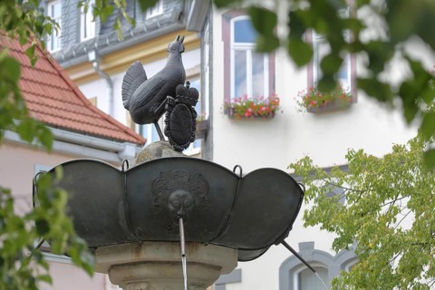 Hennebrunnen fountain with sculpture and coat of arms with crown, bird figure, market square, town