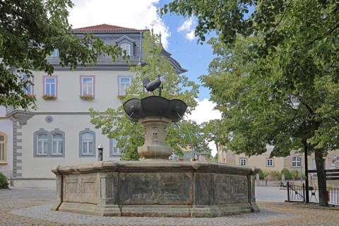 Hennebrunnen fountain with sculpture, bird figure, market square, town hall, Ilmenau, Thuringian