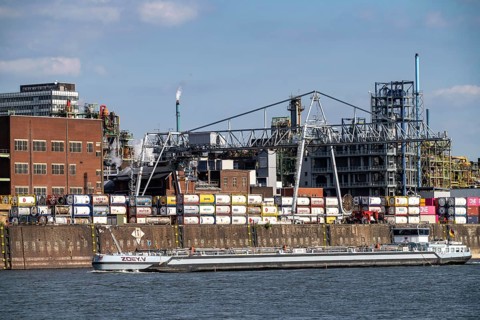 Scenery of Chempark Leverkusen, Bayer Leverkusen, chemical park, chemical plant, river Rhine, cargo