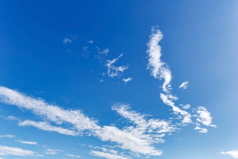 Cirrus, blue sky, sunbeams, format-filling, Hellnar, Snæfellsnes Peninsula, Snaefellsnes, West