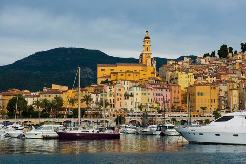 Town with colourful houses by the sea, sunrise, Menton, Alpes Maritimes, Provence Alpes Cote