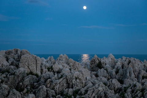 Rocks by the sea and full moon, Cap Martin, near Menton, Alpes Maritimes, Provence Alpes Cote