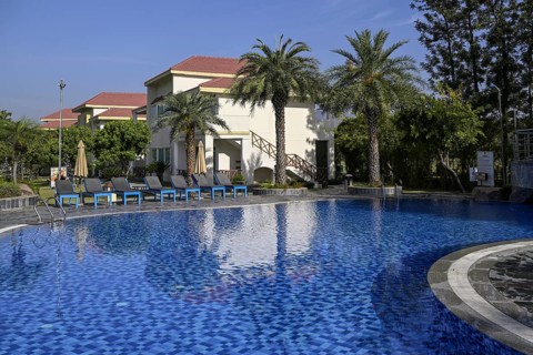 Swimming pool of the Resort De Coração, near Ramnagar, Corbett National Park, Uttarakhand State,
