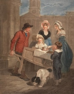 Hot spiced gingerbread is sold by a baker directly from his cart. Two woman and two children