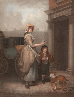 Young woman selling matches, travelling from door to door with her boy and a dog, Matches, England,