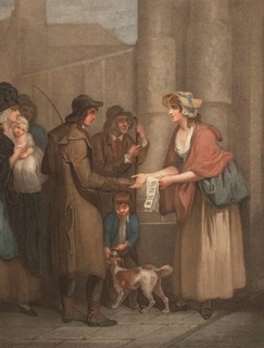 A new love song, only halfpenny a piece. Young woman selling song lyrics and poems to men, England,