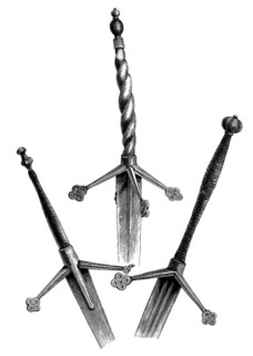 Claymores or late medieval Scottish two-handed longswords, in Warwick Castle, England, from the