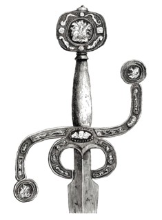 English sword, circa 1580, with very rare flat pommel and curved S-hilt, inlaid with silver. The