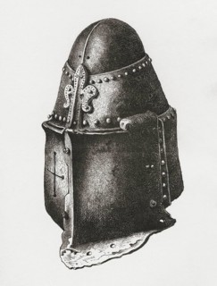 Helmet c. 1350, similar to that of the Black Prince in Canterbury Cathedral, but with the Piéce de