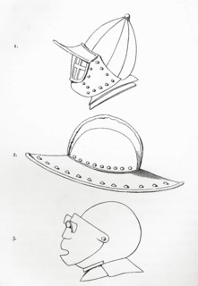 Helmets: 1. incomplete visor helmet. The visor can be opened via a hinge on the forehead. 2. pot