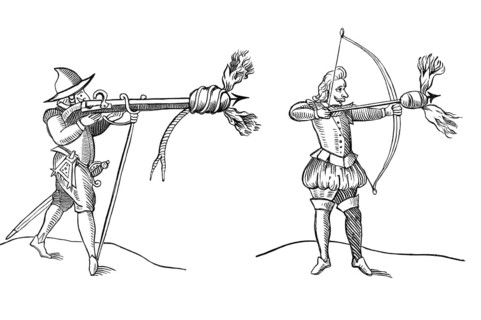 Fireworks by Gonnes and Bowes. Shooting fireworks or incendiary bombs with a rifle and a bow, 1643,