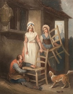 Old chairs to be repaired, chair maker repairs the seat of a chair, a woman brings another chair,