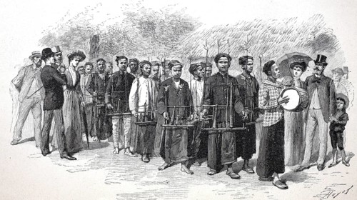 A music band from Jave on the way to pick up the dancers, 1880, Historical, digitally restored