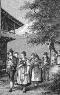 Alpine farmers on their way to Sunday worship in their home village, Alps, Tyrol, around 1880,