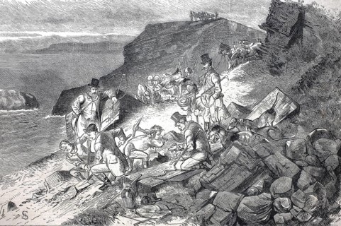 Foxhunt at Cornwell, 1880, Excavation of the den of a cliff fox, England, Historical, digitally