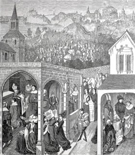 The coronation of Philip August in Reims in 1179, wood engraving after a miniature in the Library