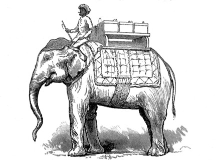 Ammunition carrier, rider and boxes with ammunition on an elephant in Burma in 1870, Historical,