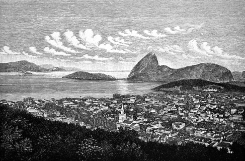 Cityscape of Rio de Janeiro, church, houses, green areas, Guanabara Bay, water and mountain