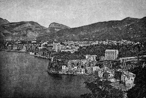 Steep coast of Sorrento, city view, rocky coast, mountain landscape, Gulf of Naples, Mediterranean