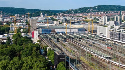 Track apron at the main station with ICE at the platform. In front the signal box, on the right