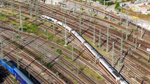 Track apron at the main station with platform and ICE at the entrance. Stuttgart,