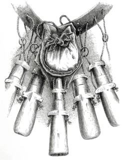18th century weaponry, bandoleers showing the arrangement of the strings, rings, bullet pocket and