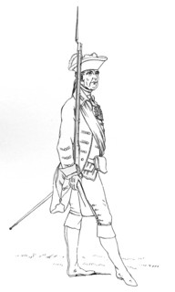 Officer of the Norfolk Militia with fusil, flintlock musket, and gorget, linen band, 1759 AD, from
