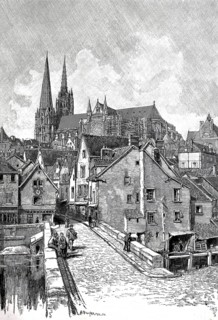 The Rue du Bourg in Chartres, Cathedral scaffolded in renovation, 1880, Old Town, France,