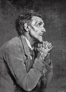 Prayer for the deceased, old man praying devoutly with a rosary, 1888, France, Historical,